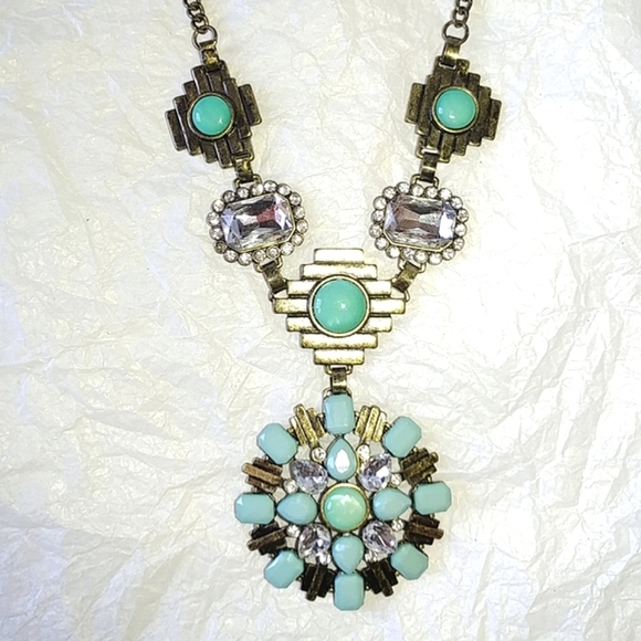SOUTHWESTERN STYLE TURQUOISE AQUA & RHINESTONE STATEMENT NECKLACE - Picture 6 of 6